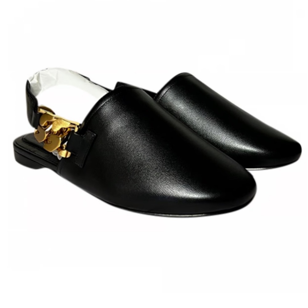 EUC Givenchy G Chain Slingback Leather Flats Mules with Gold Chain - Picture 1 of 11